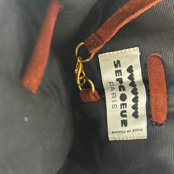 Sepcoeur Paris Brown Suede Leather Bucket Handbag Boho Bell Fringe Vintage - Picture 7 of 7